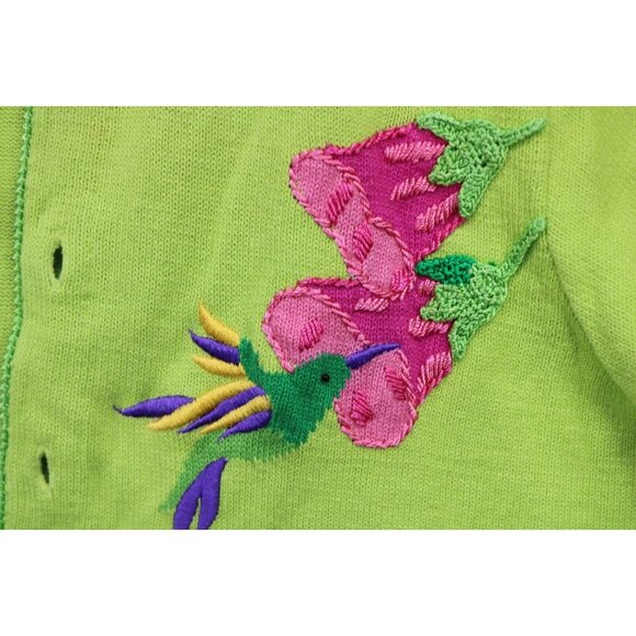 Quaker Factory Lime Green Embroidered Beaded Sweater-Large-Button Up-Birds - Picture 4 of 15